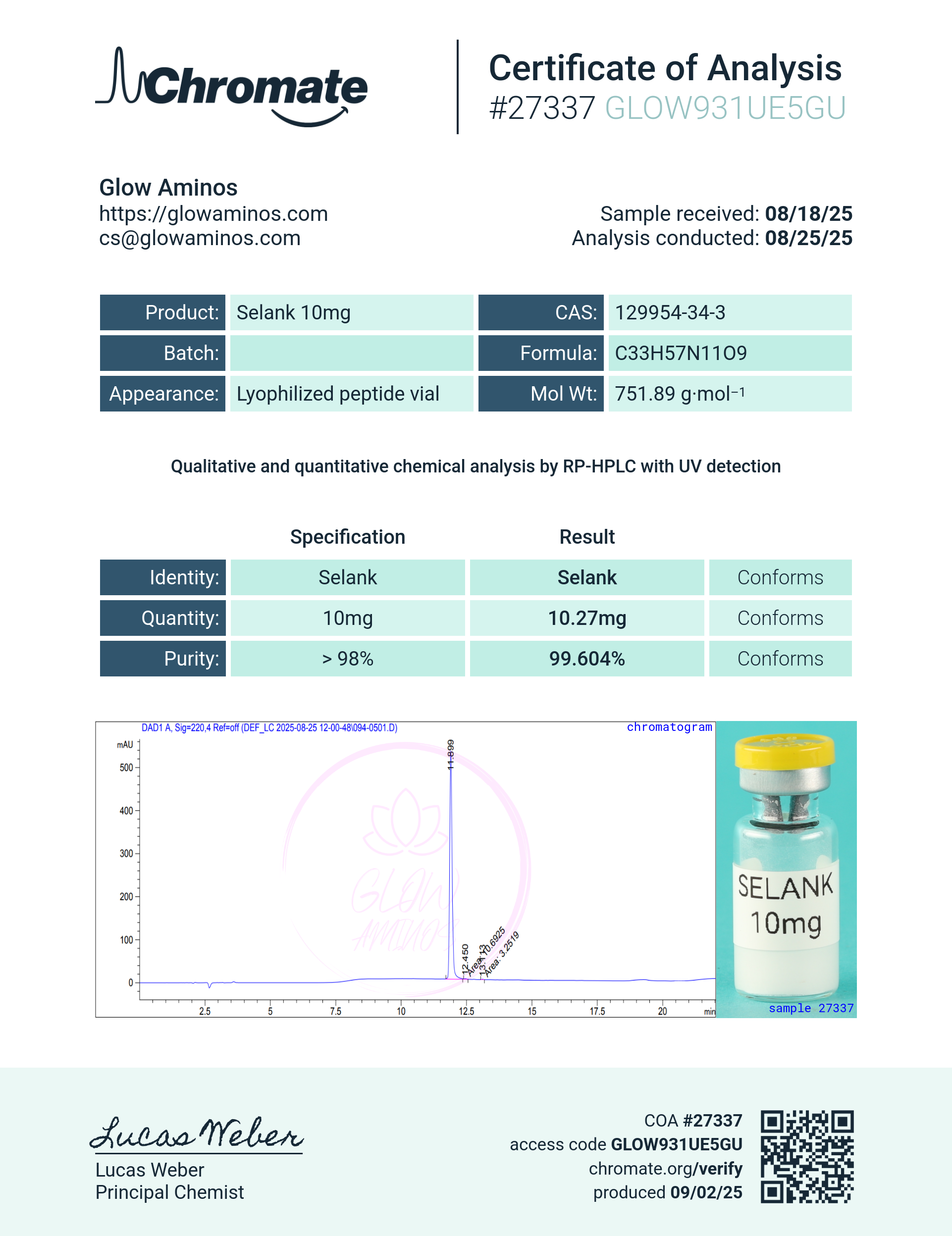 Selank 10mg certificate of analysis