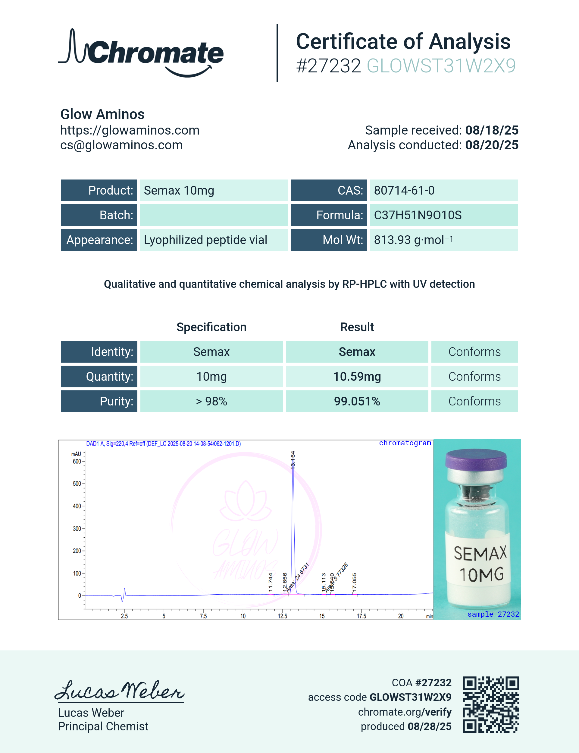 Semax 10mg certificate of analysis